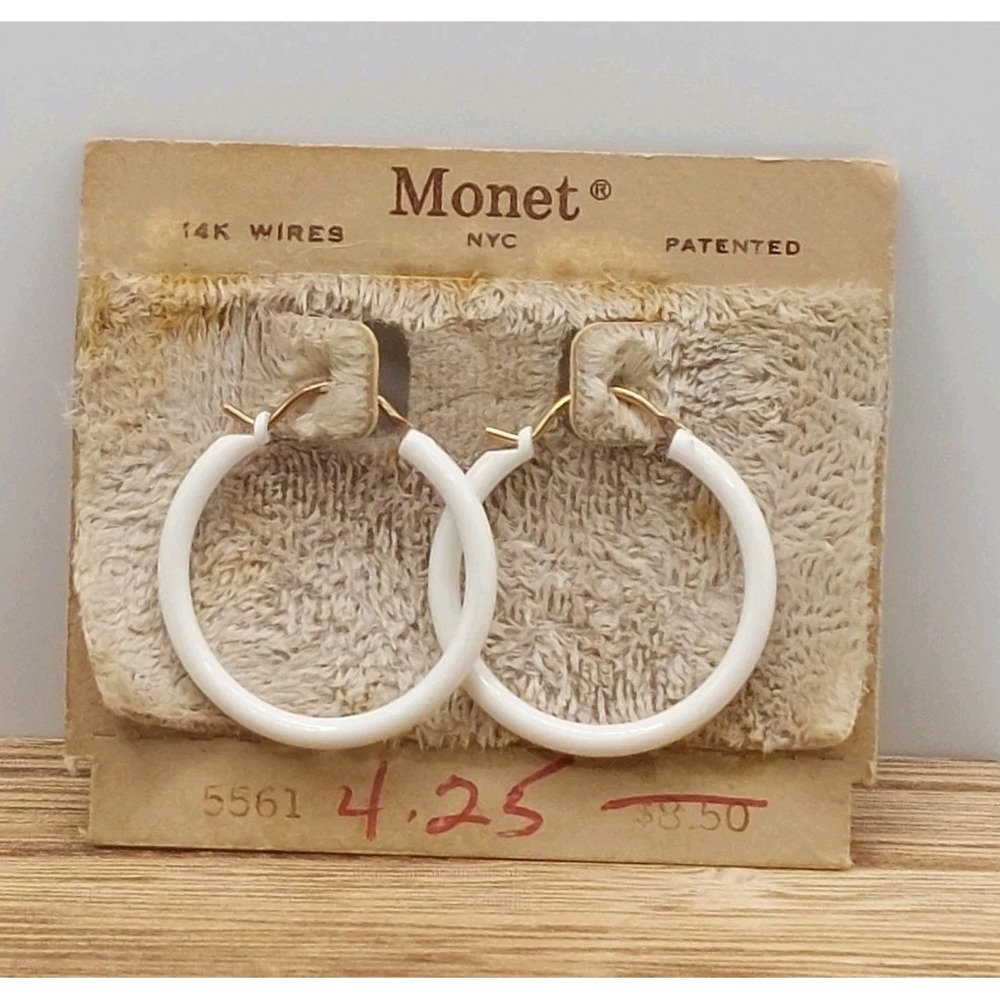 Monet White Hoop Earrings 14K Gold Wires NOS Original Card Vintage Retro 1970s